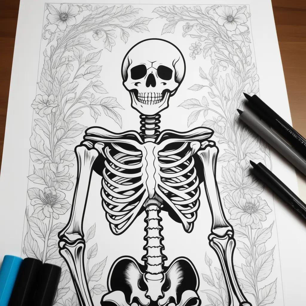 Black and white skeleton coloring pages with flowers