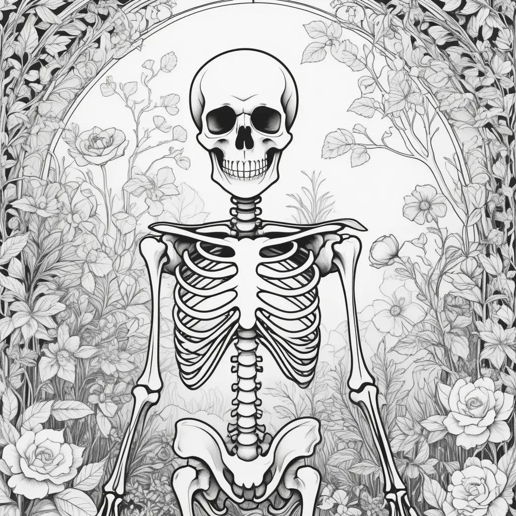 Black and white skeleton coloring pages with flowers