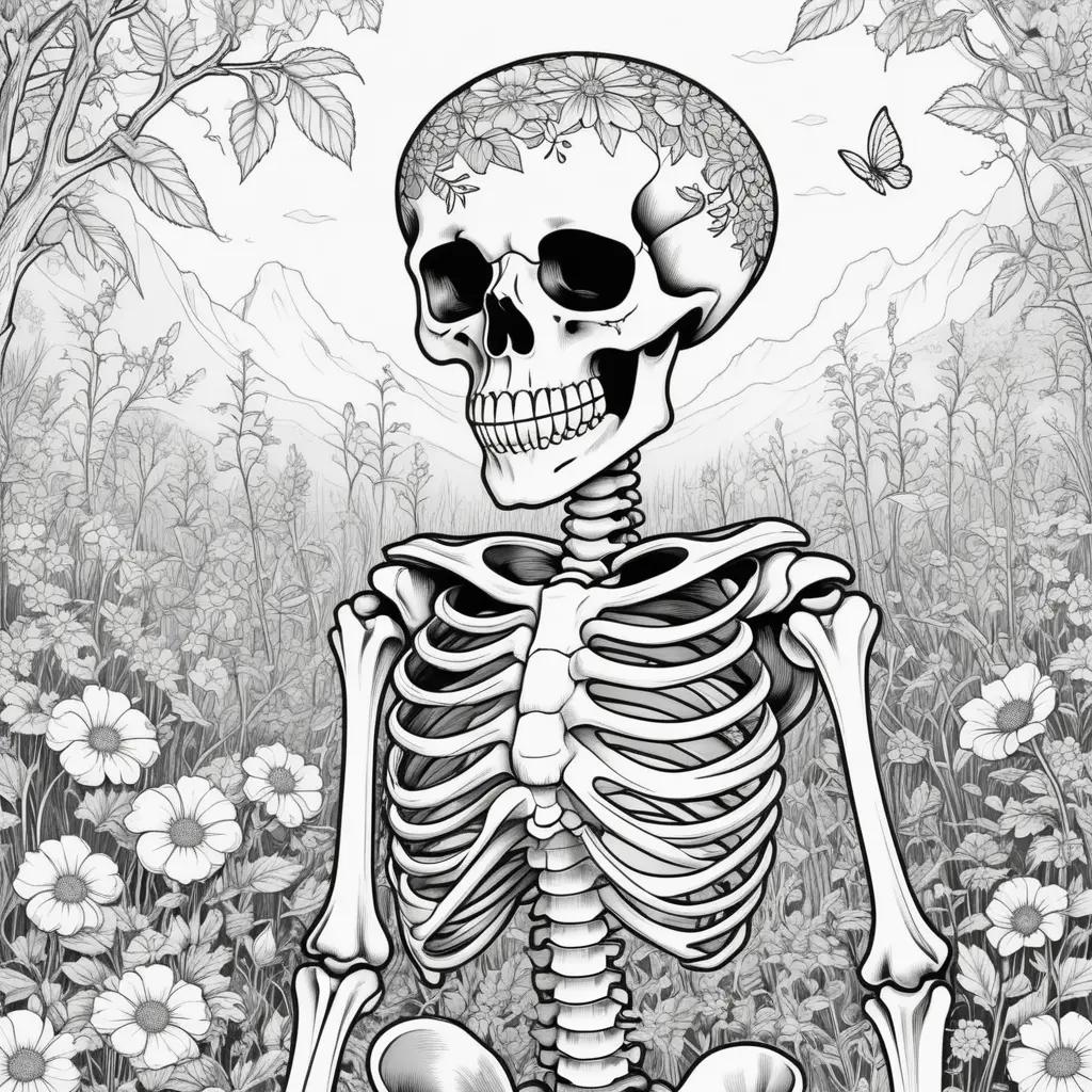 Black and white skeleton in field with flowers