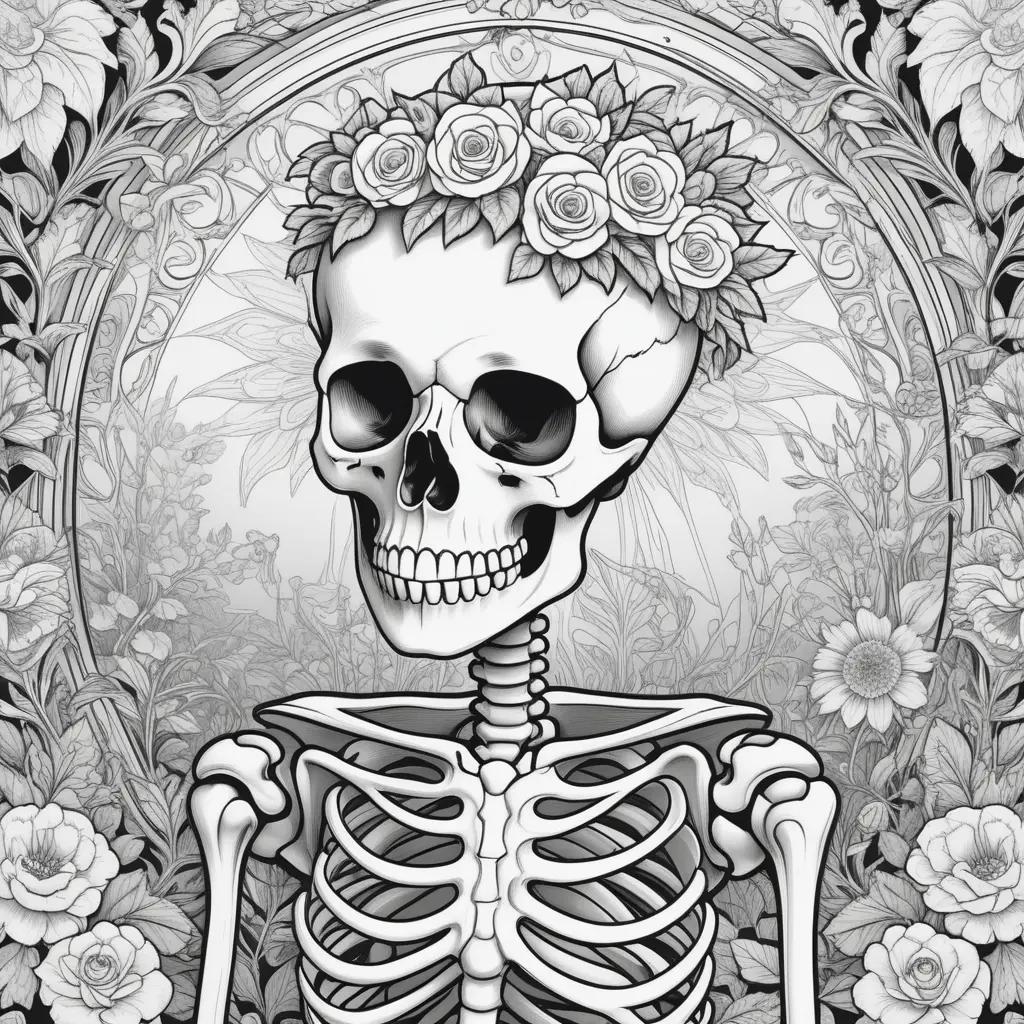 Black and white skeleton with flower crown in a frame