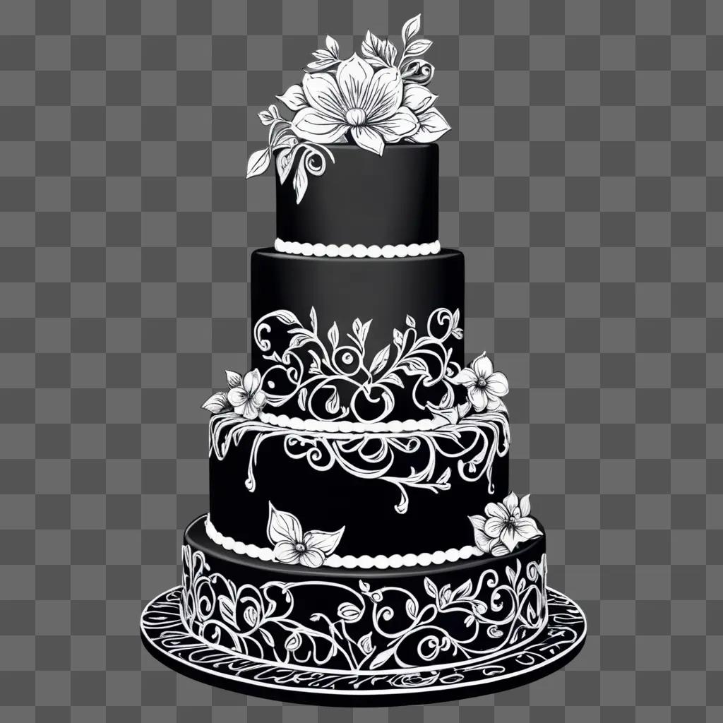 Black and white sketch cake drawing on gray background