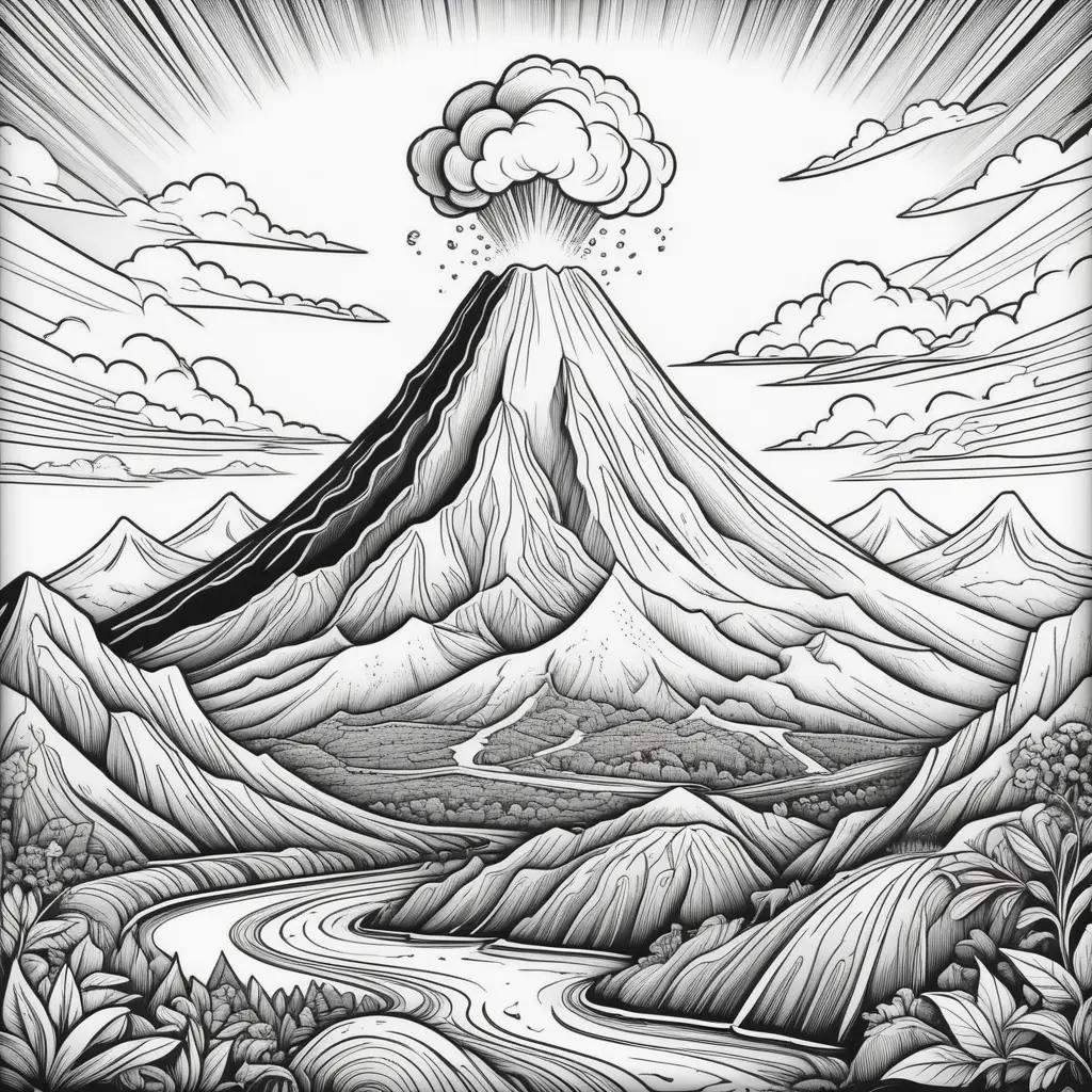 Black and white sketch of a volcano with clouds