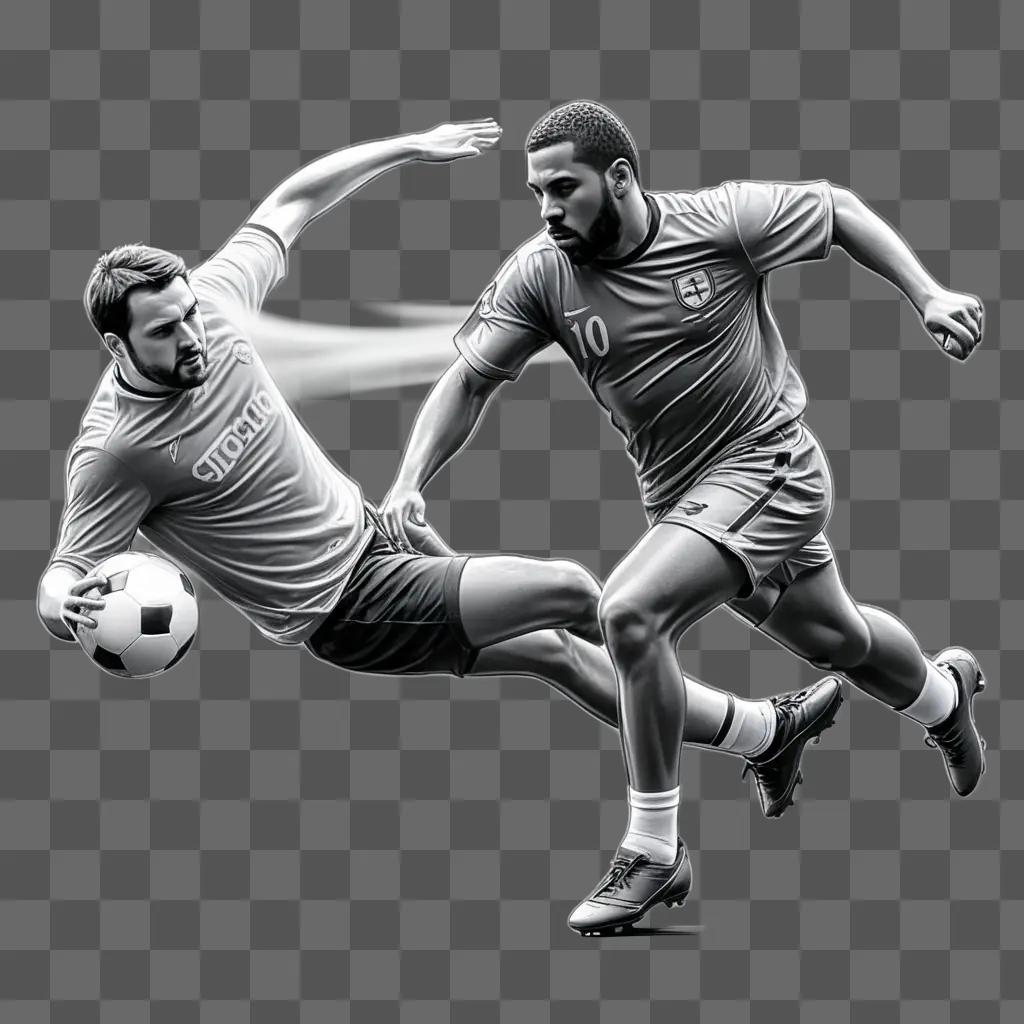 Black and white sketch of two soccer players