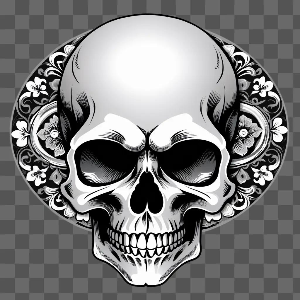 Black and white skull clipart with floral background