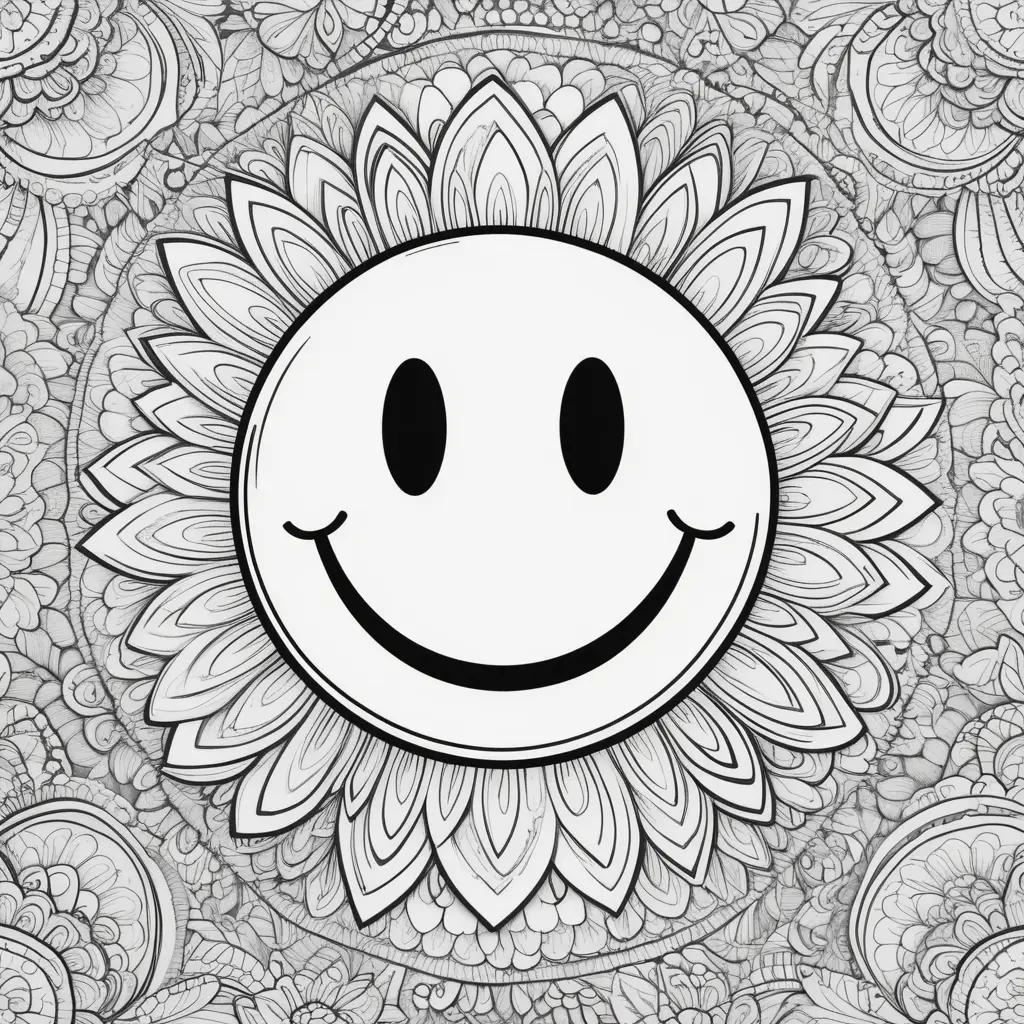 Black and white smiley face coloring page with flower patterns