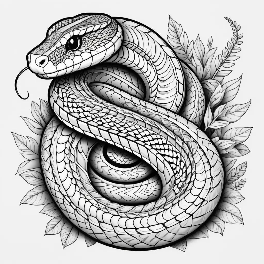 Black and white snake coloring page with leaves