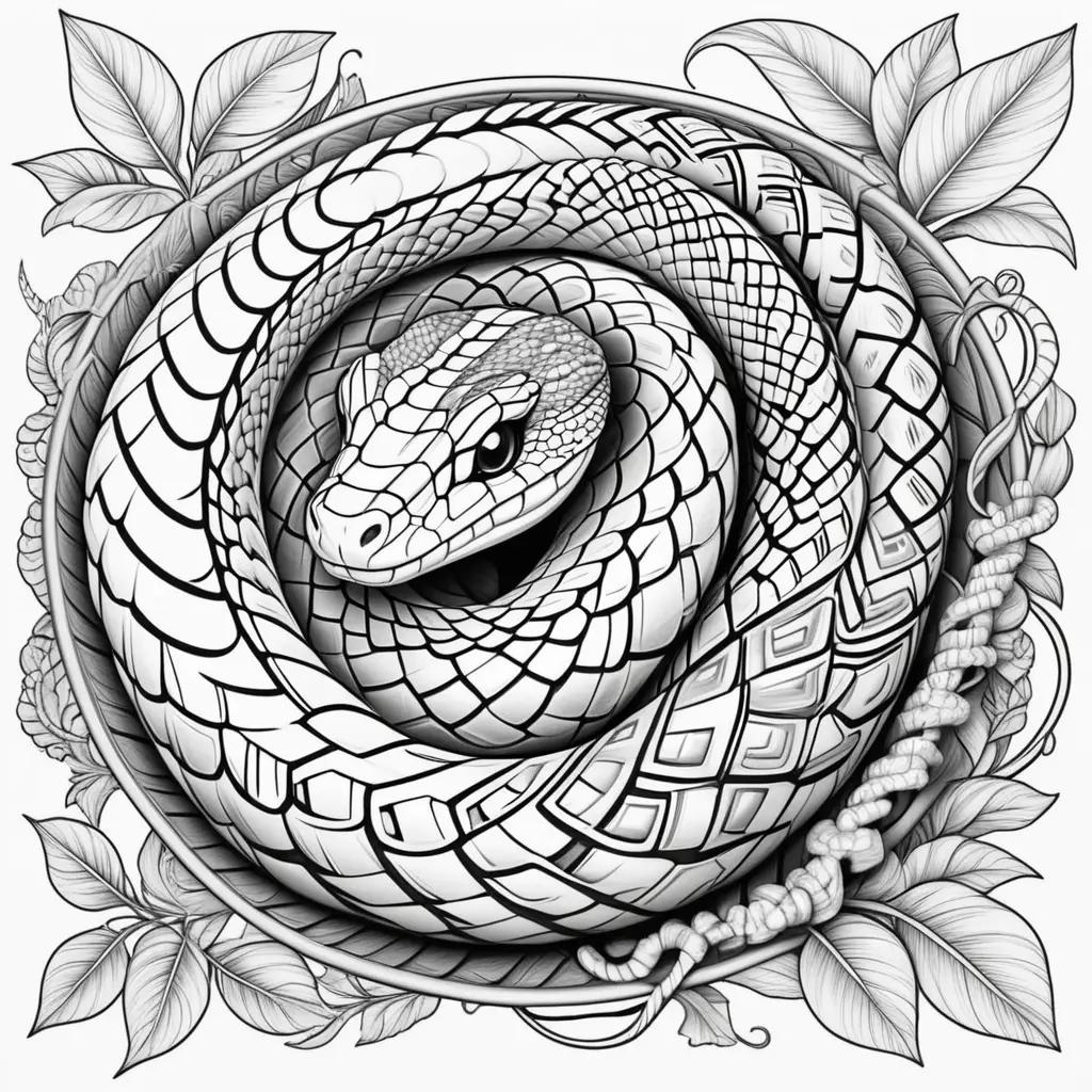 Black and white snake coloring page with leaves