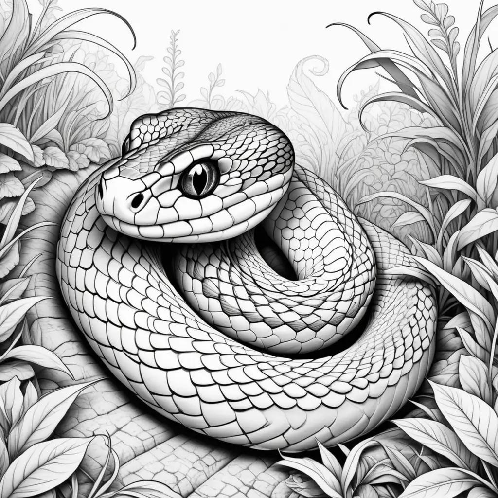 Black and white snake coloring page with leaves in background