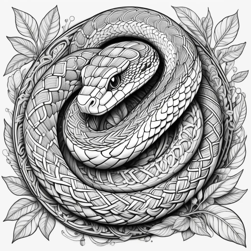 Black and white snake coloring pages with leaves