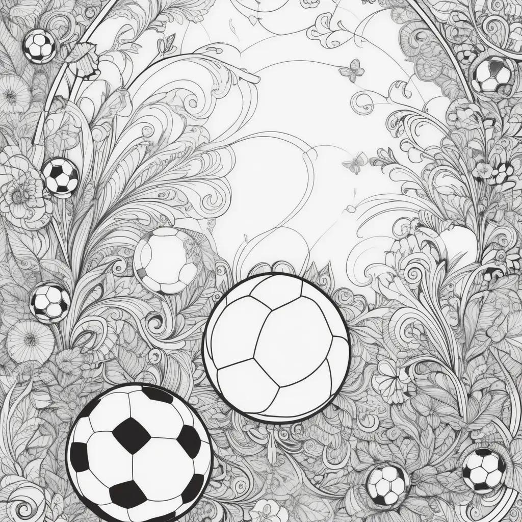 Black and white soccer coloring page with flowers