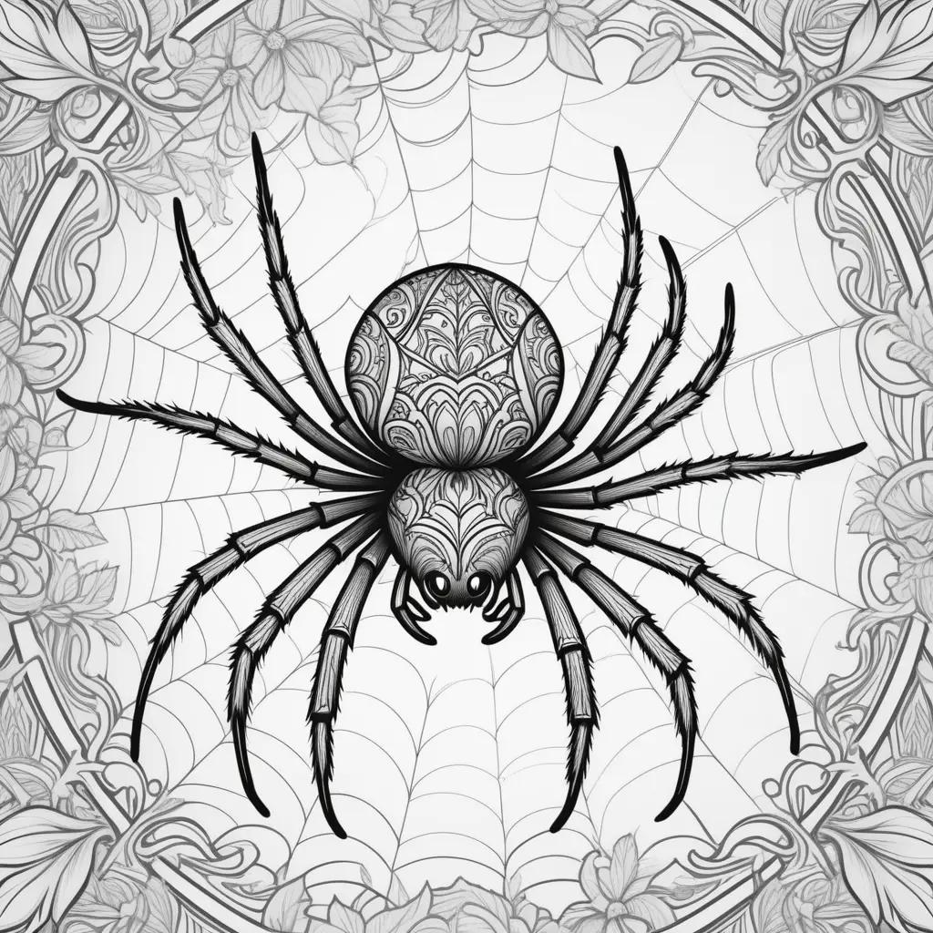 Black and white spider coloring page with intricate design