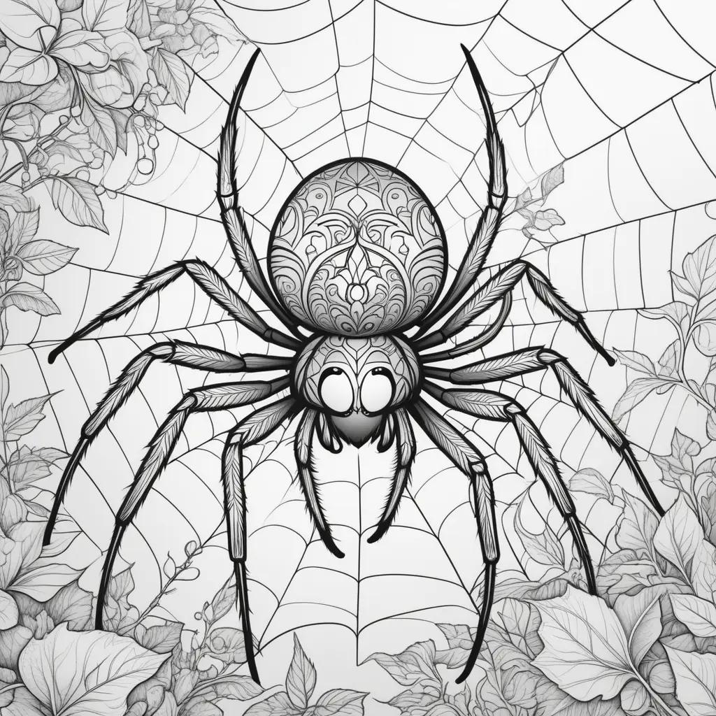 Black and white spider coloring page with intricate details