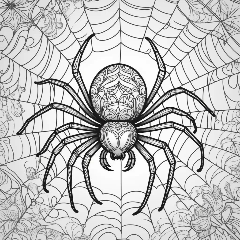 Black and white spider with intricate details on a web coloring page