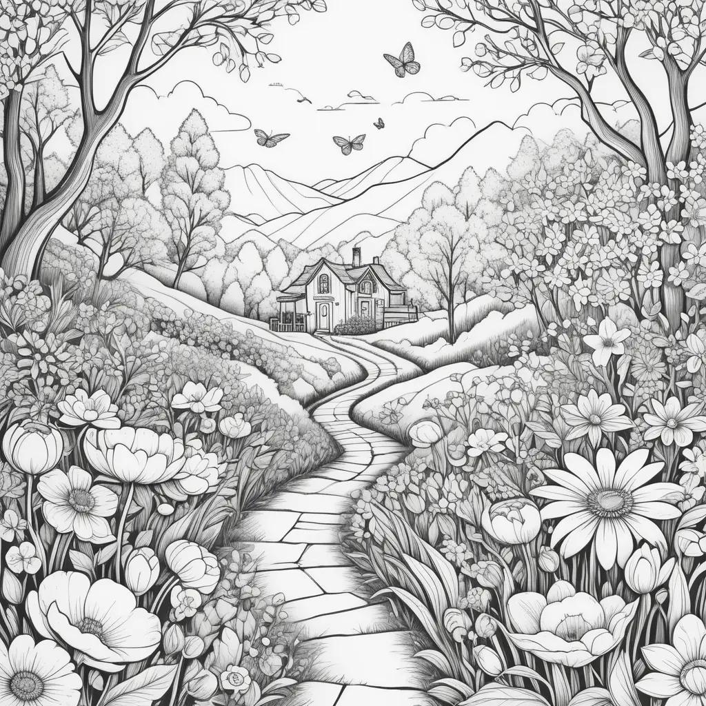 Black and white spring color pages with a house, flowers, and butterflies