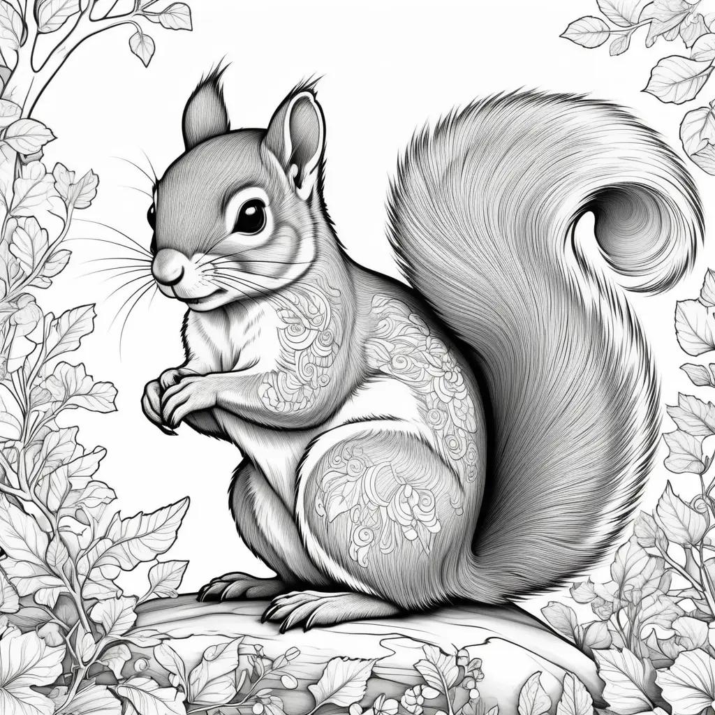 Black and white squirrel coloring page with a floral background