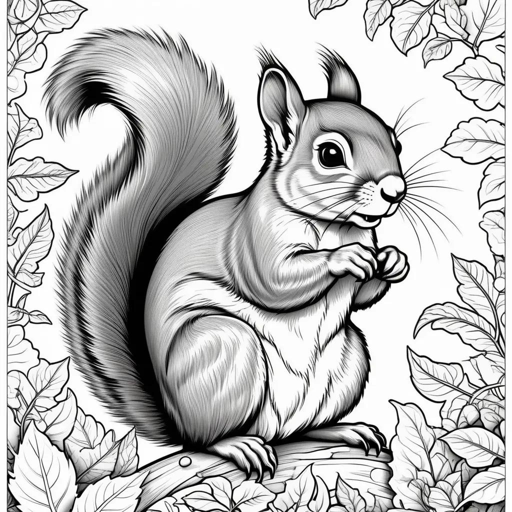 Black and white squirrel coloring page with leaves