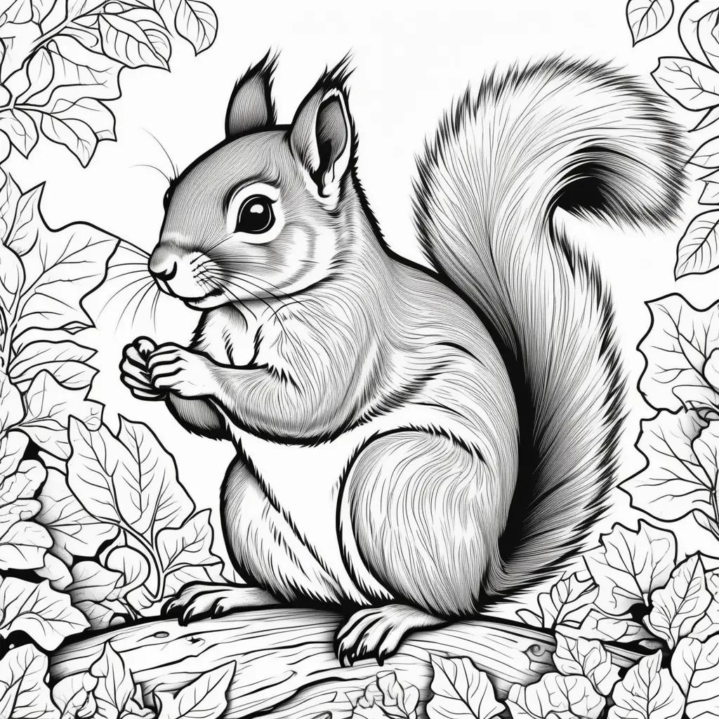 Black and white squirrel coloring page with leaves