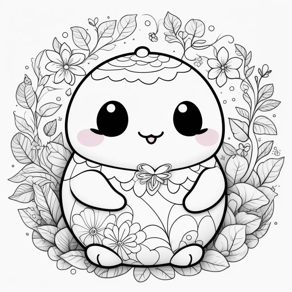 Black and white squishmallow coloring page with flowers