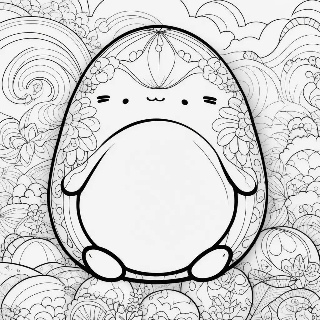 Black and white squishmallows coloring pages with waves and flowers