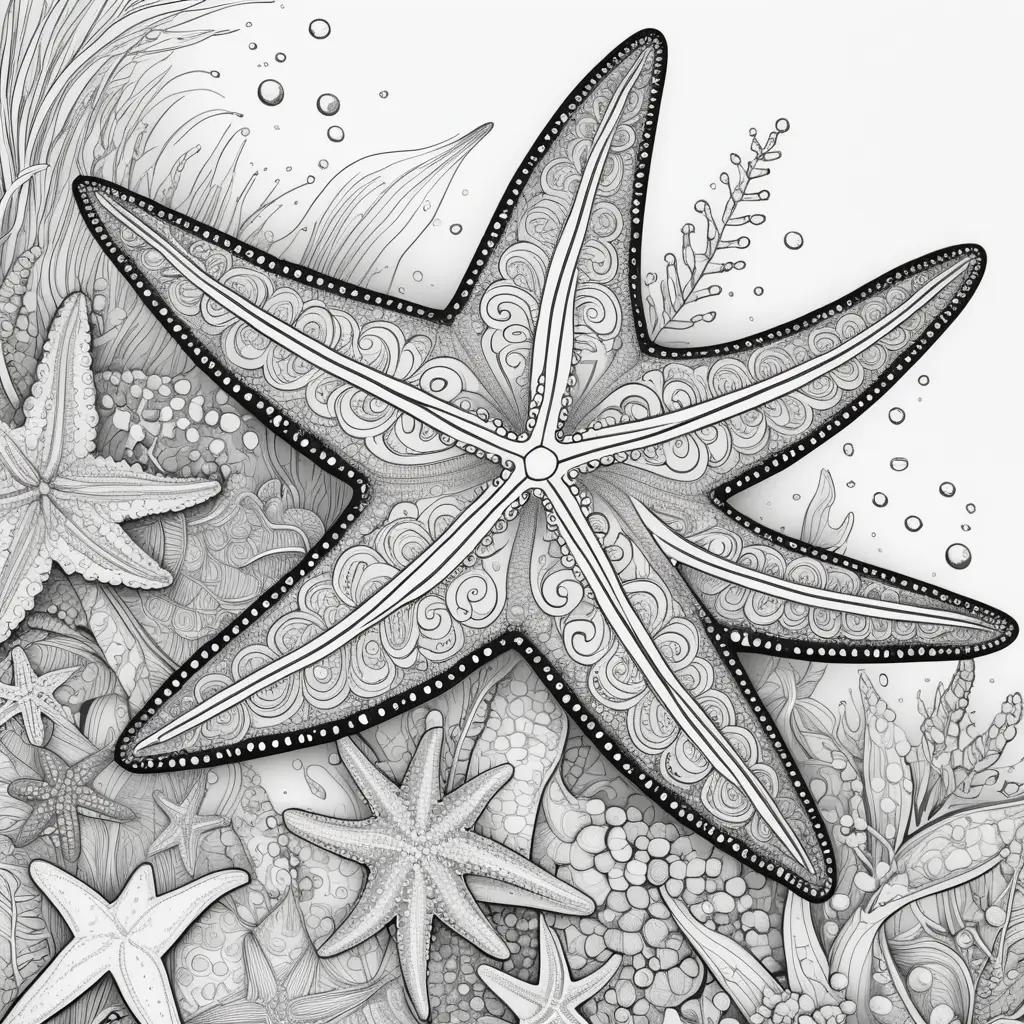 Black and white starfish coloring page with bubbles