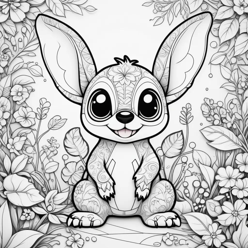 Black and white stitch color page of a rabbit with flowers