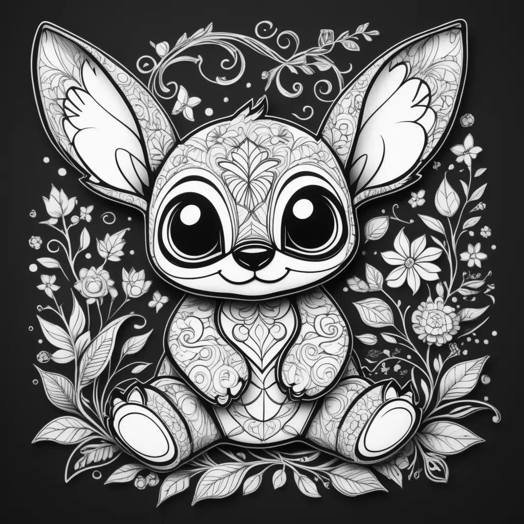 Black and white stitched coloring page of a cute rabbit