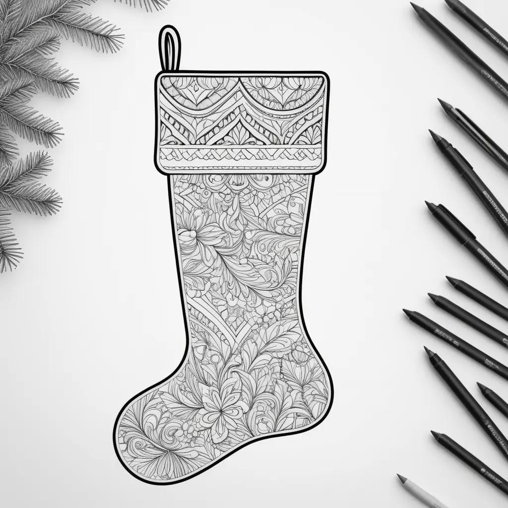 Black and white stocking coloring page with ornaments