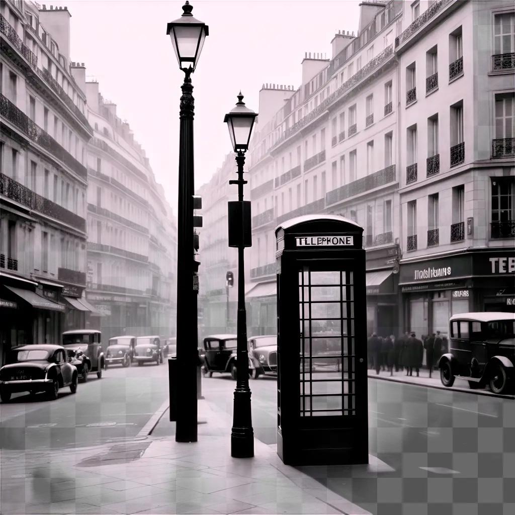 Black and white street scene with telephone booth