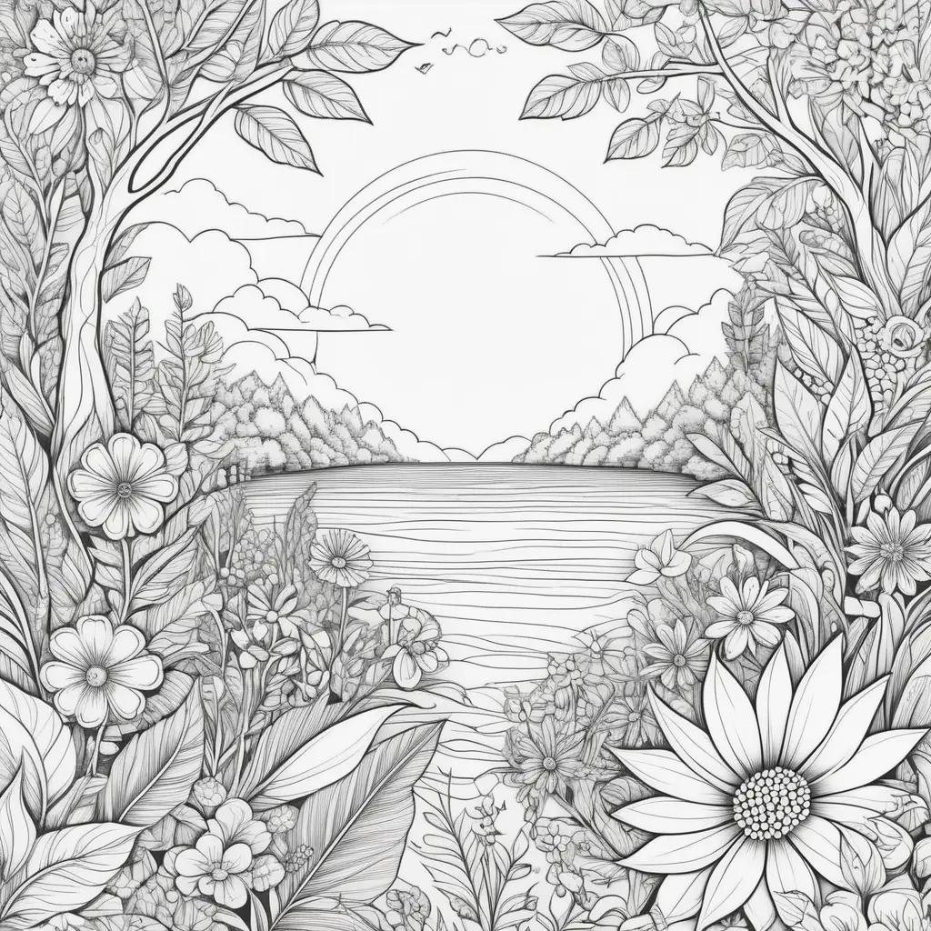 Black and white summer color pages featuring a forest and lake