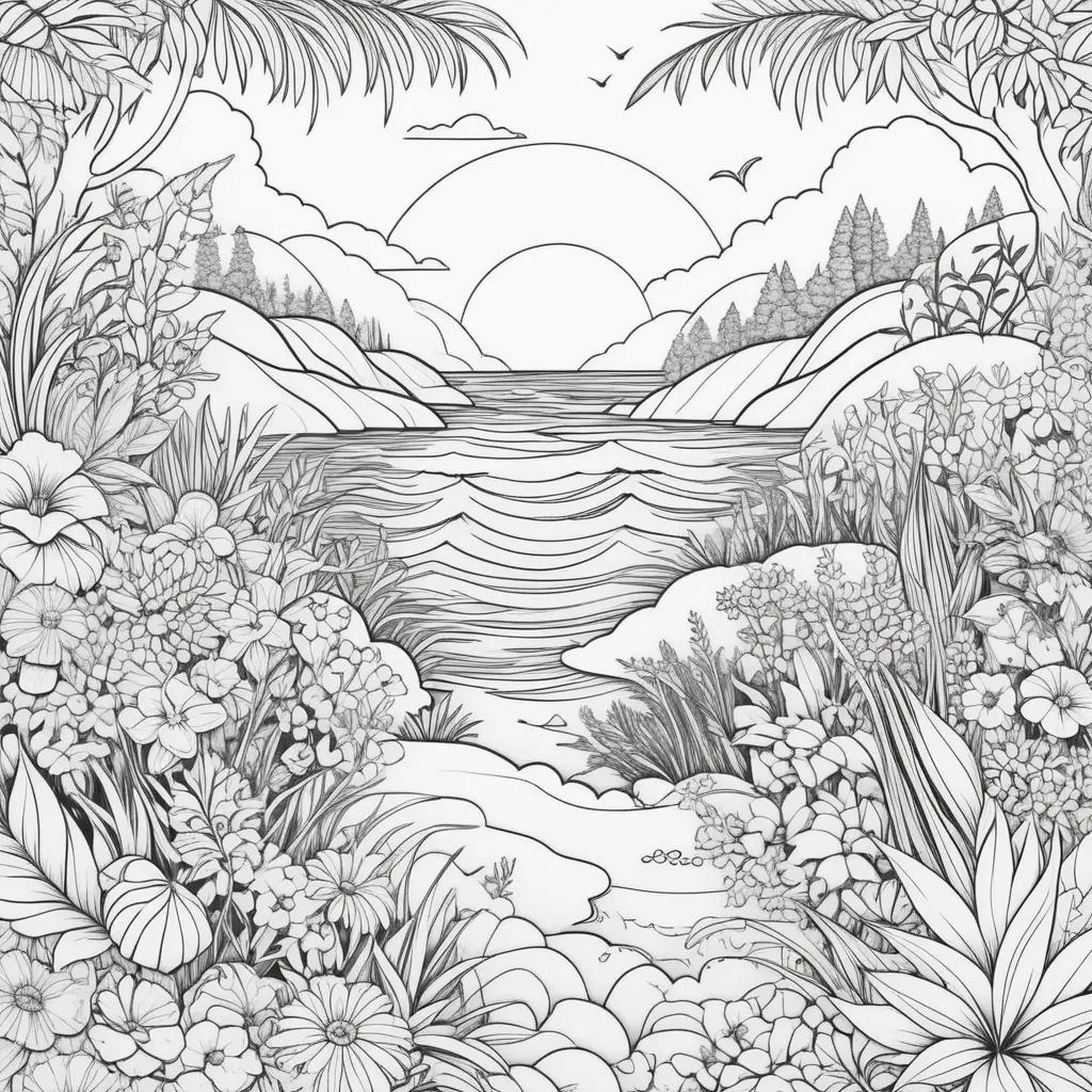 Black and white summer landscape coloring pages