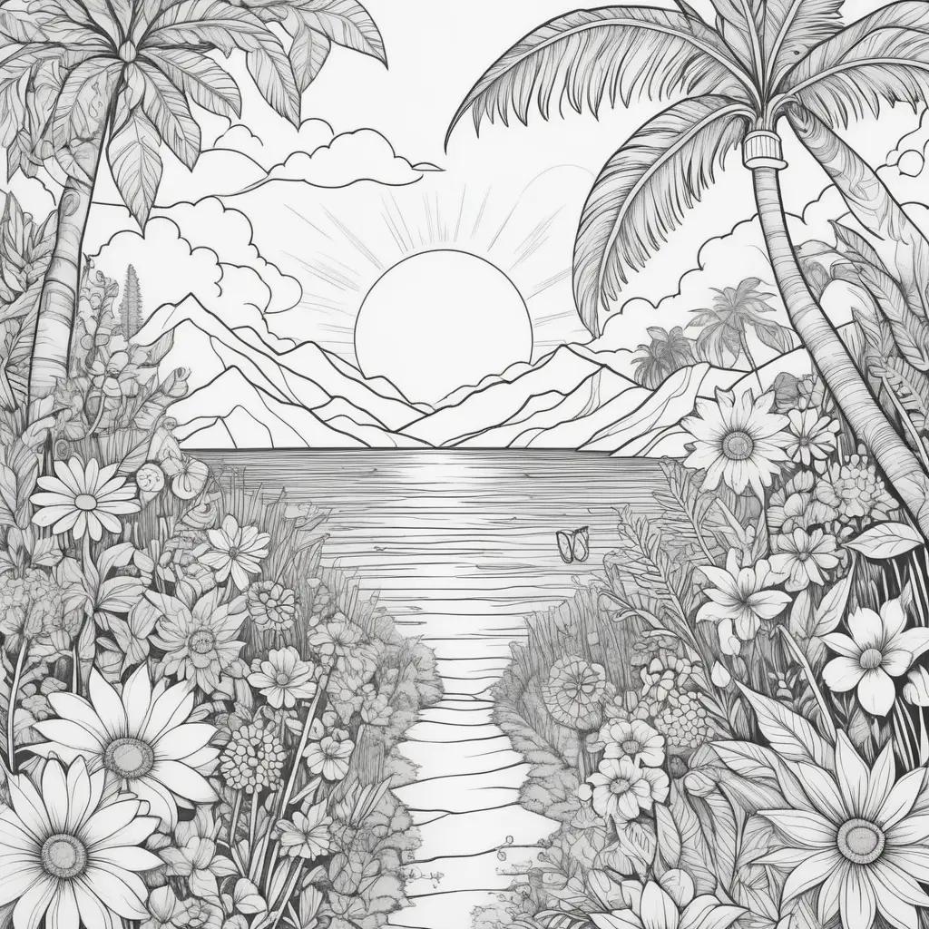 Black and white summertime coloring pages with flowers and beach