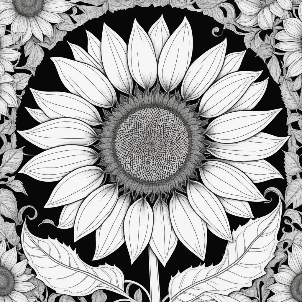 Black and white sun coloring page with leaves