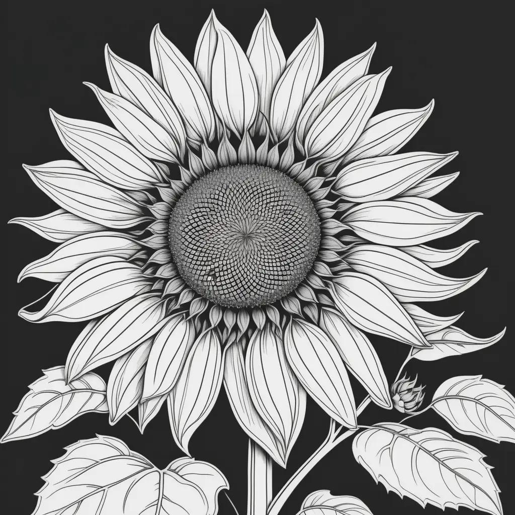 Black and white sunflower coloring page with black lines