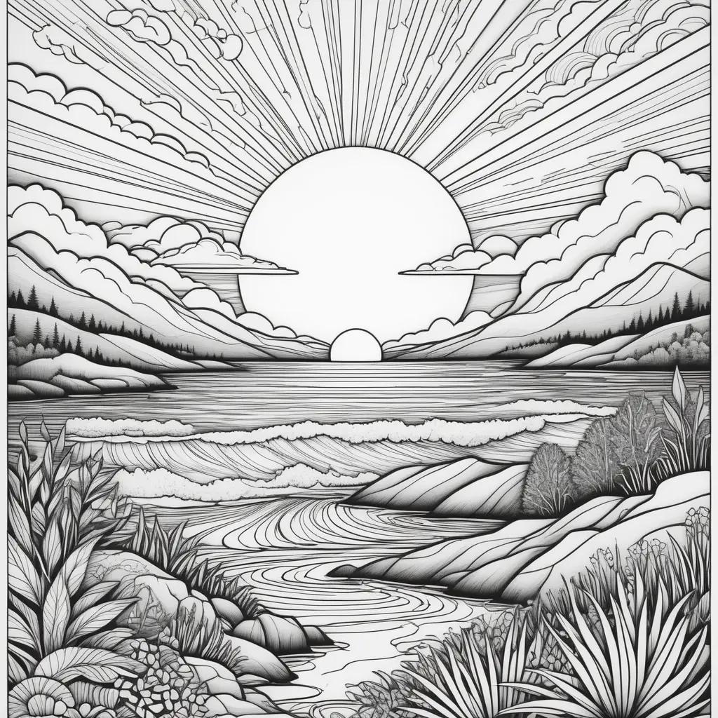 Black and white sunset coloring page with clouds and sun