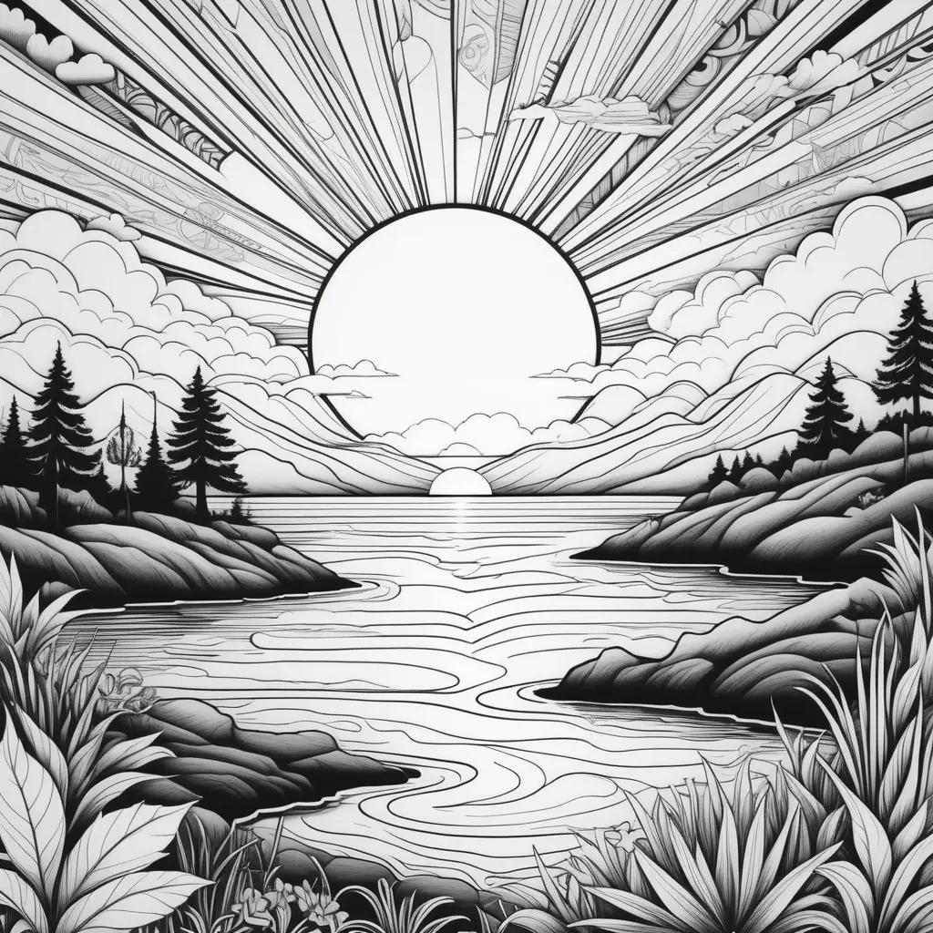 Black and white sunset coloring pages for kids