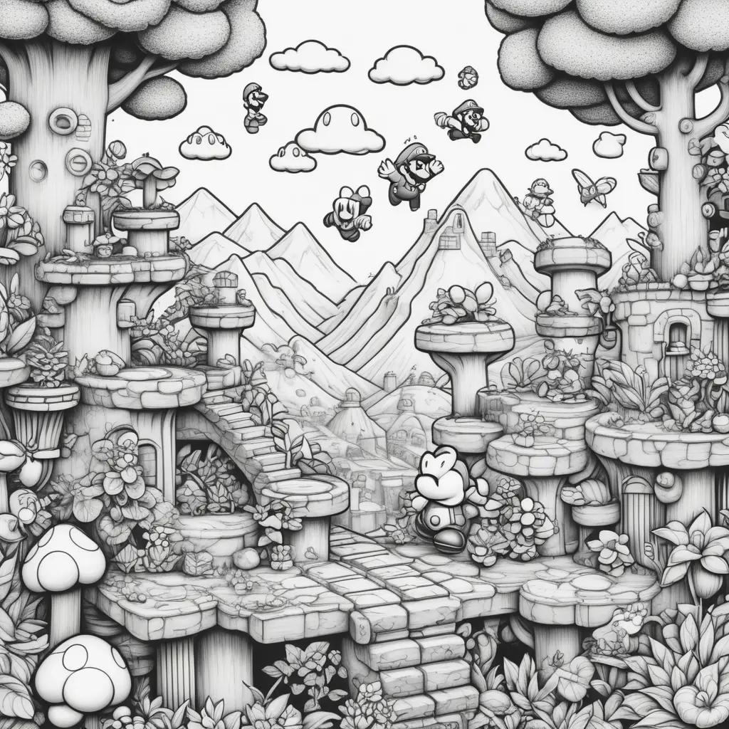 Black and white super mario bros coloring page with mountains and flowers