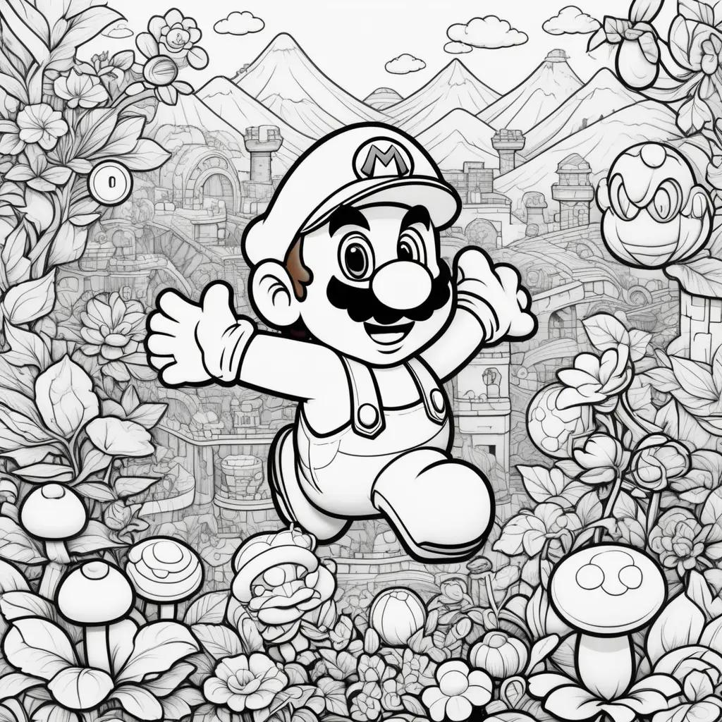 Black and white super mario coloring page with mushrooms and flowers