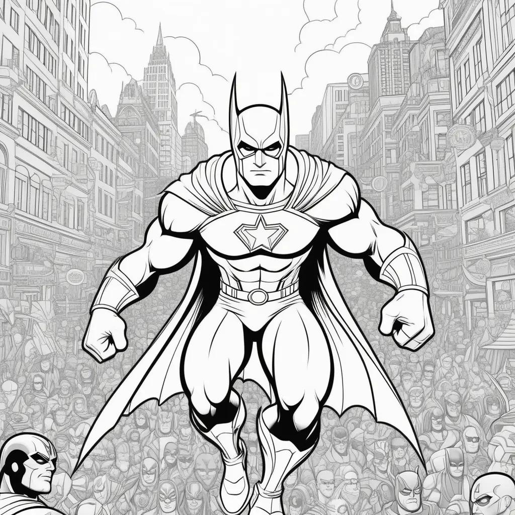 Black and white superhero coloring page of a man with a cape