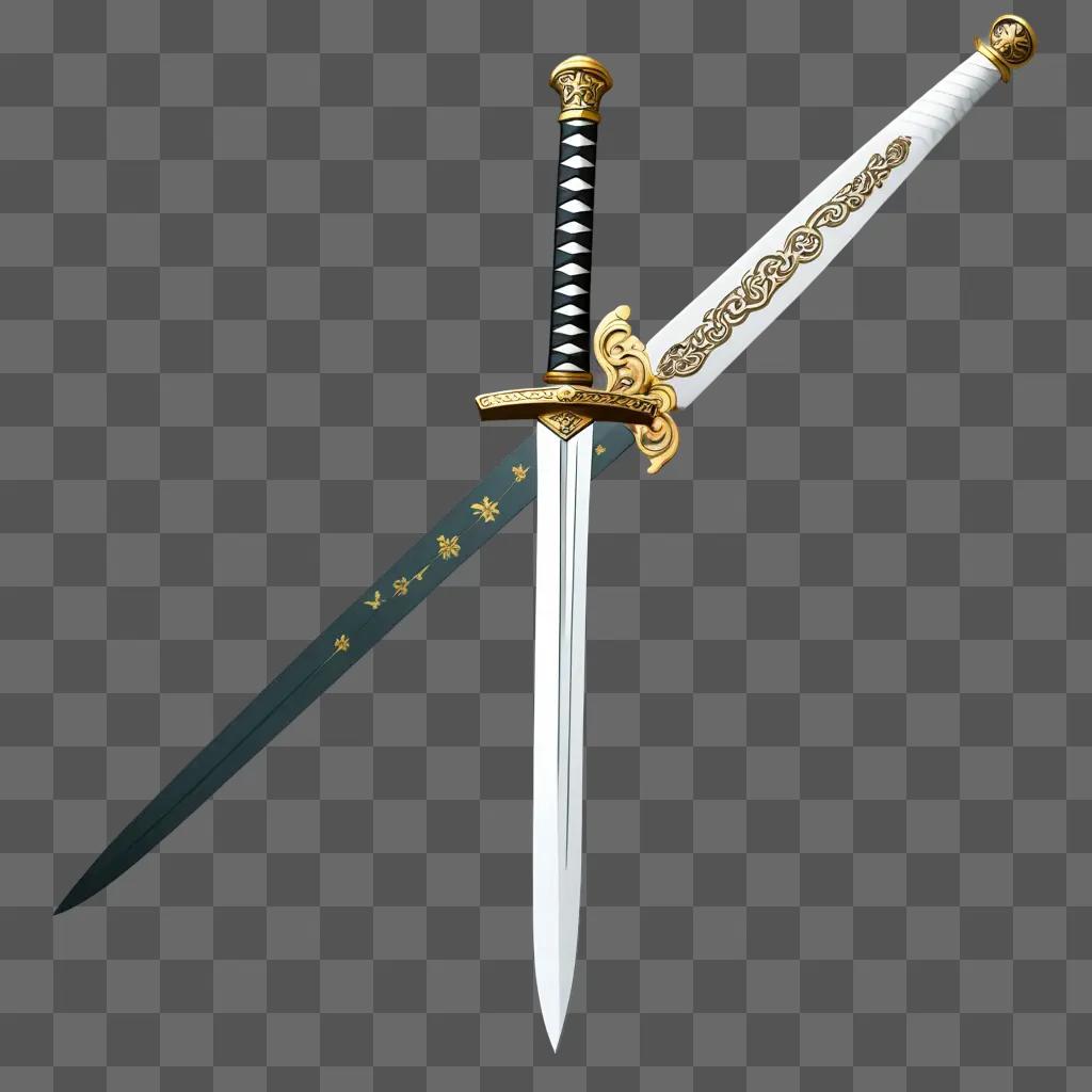 Black and white sword clipart image with gold accents