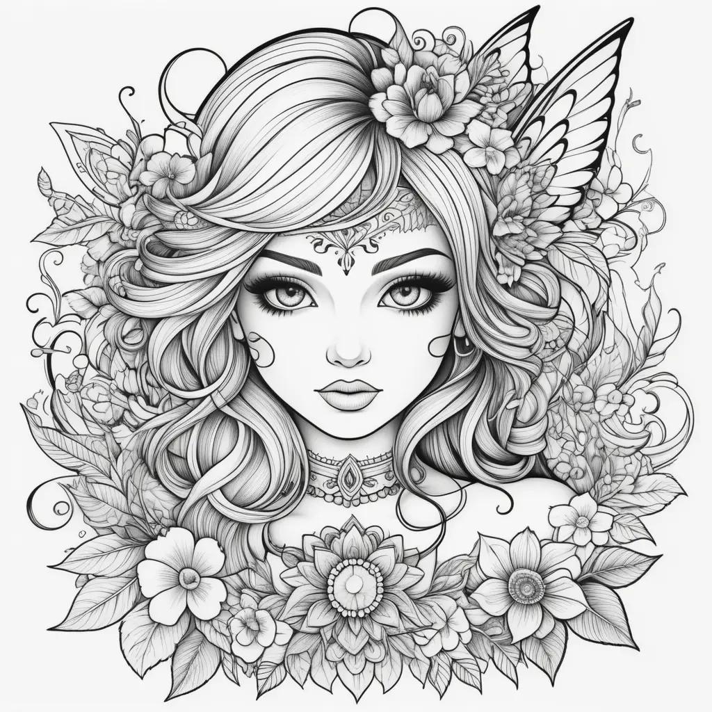 Black and white tattoo coloring pages with a woman and flowers