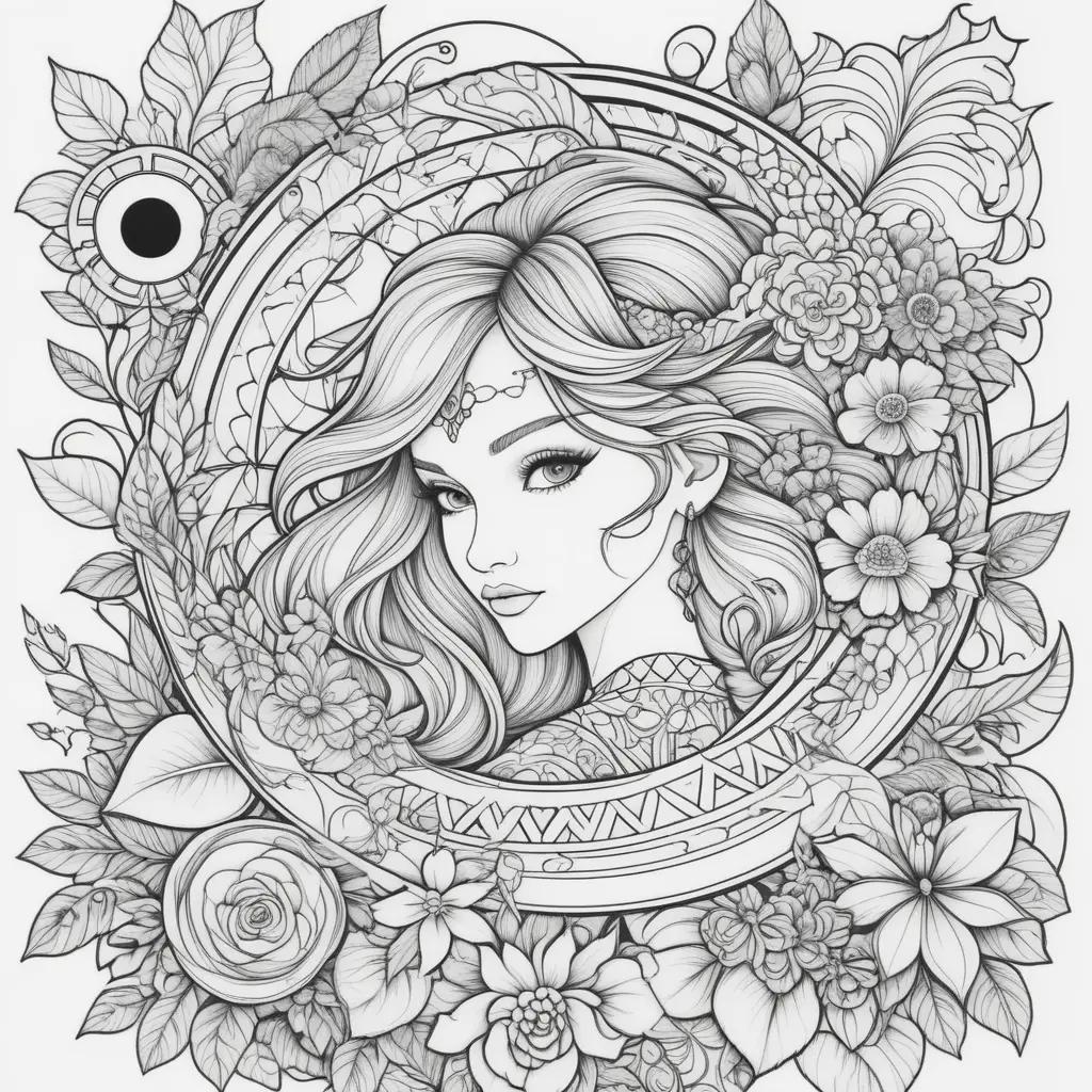 Black and white tattoo coloring pages with woman and flowers