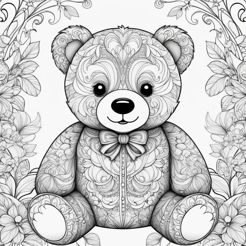 Black and white teddy bear with floral patterns and bow