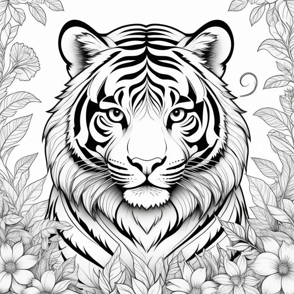 Black and white tiger coloring page with leaves