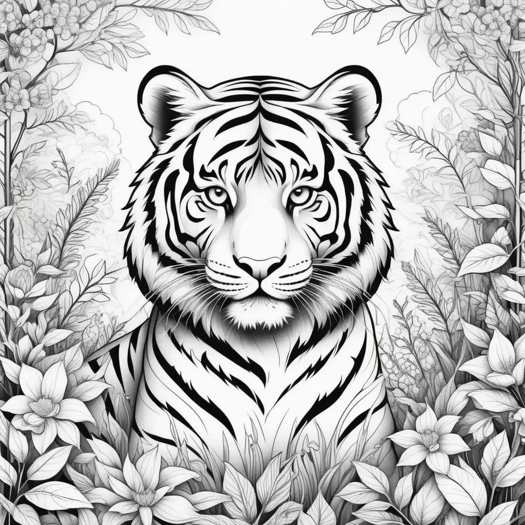 Black and white tiger coloring pages in a forest scene