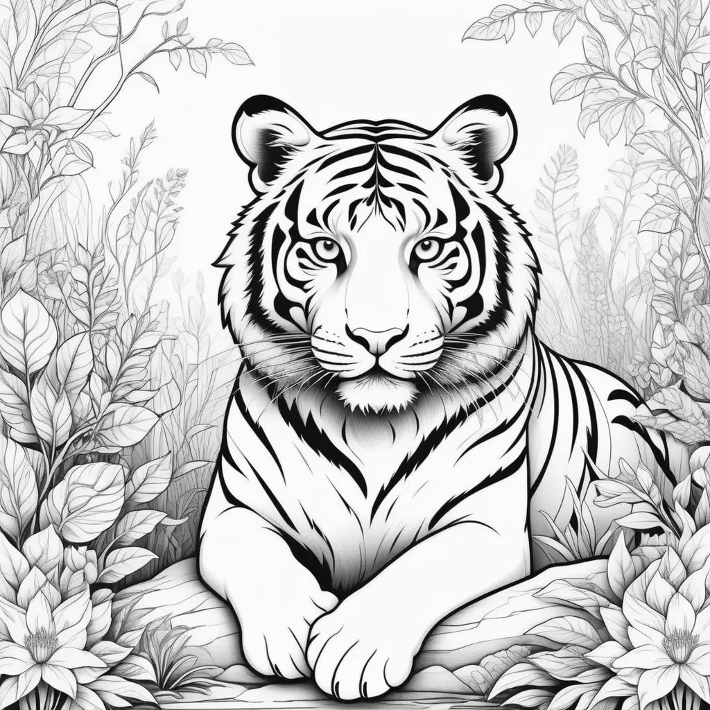 Black and white tiger coloring pages with flowers in background