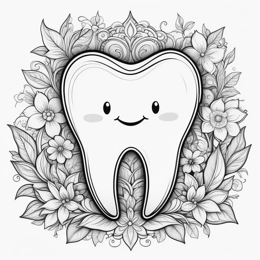 Black and white tooth coloring page with smiling tooth