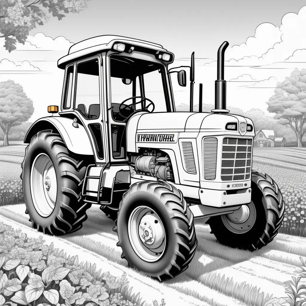 Black and white tractor coloring pages in a field