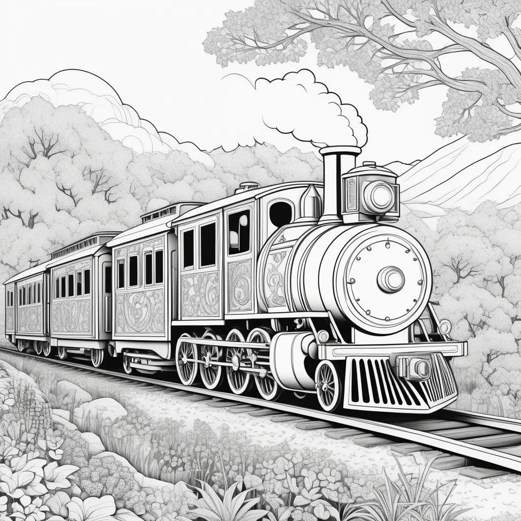 Black and white train coloring page with steam and mountains