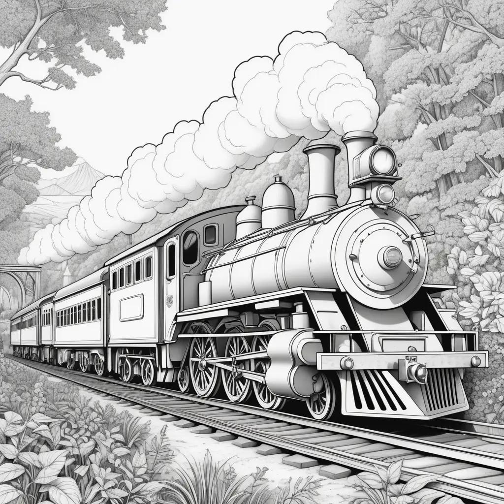 Black and white train coloring pages on a train track