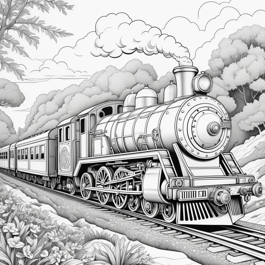 Black and white train coloring pages with clouds